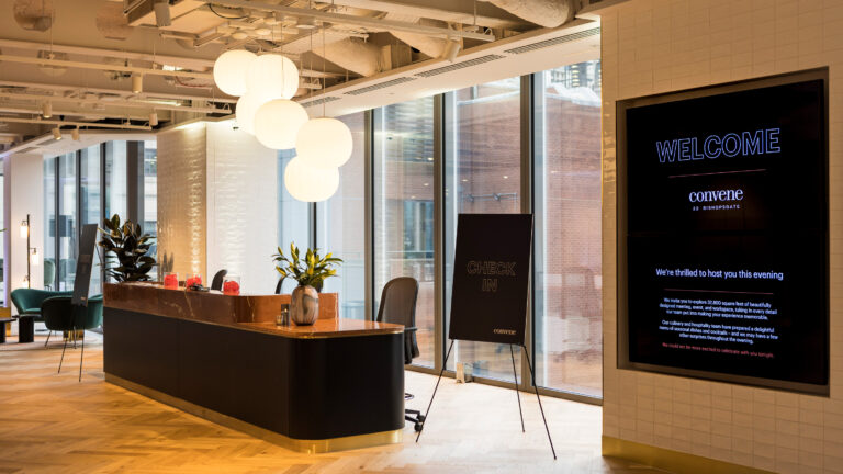 A welcome desk at Convene 22 Bishopgate in London
