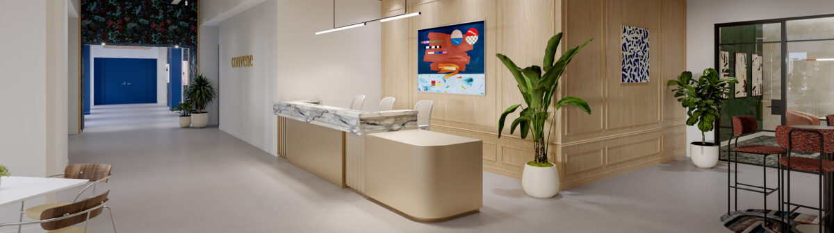 A rendering of the welcome desk on the sixth floor of Convene 360 Madison, opening Q4 of 2024