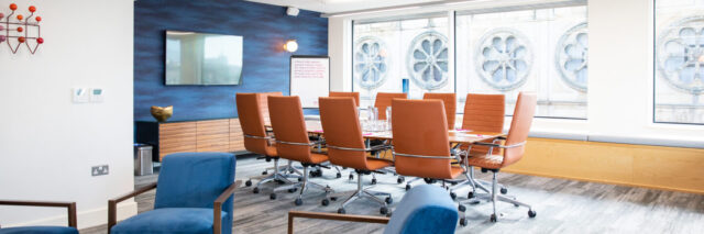 etc.venues Manchester Meeting Room named Admire set with comfort ergonomic chairs for up to 8 with separate casual seating and natural light