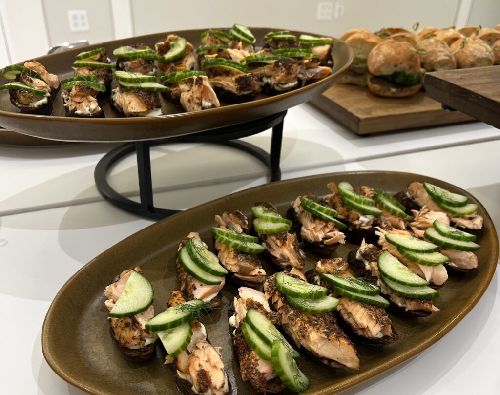 Salmon crostini on serving platters