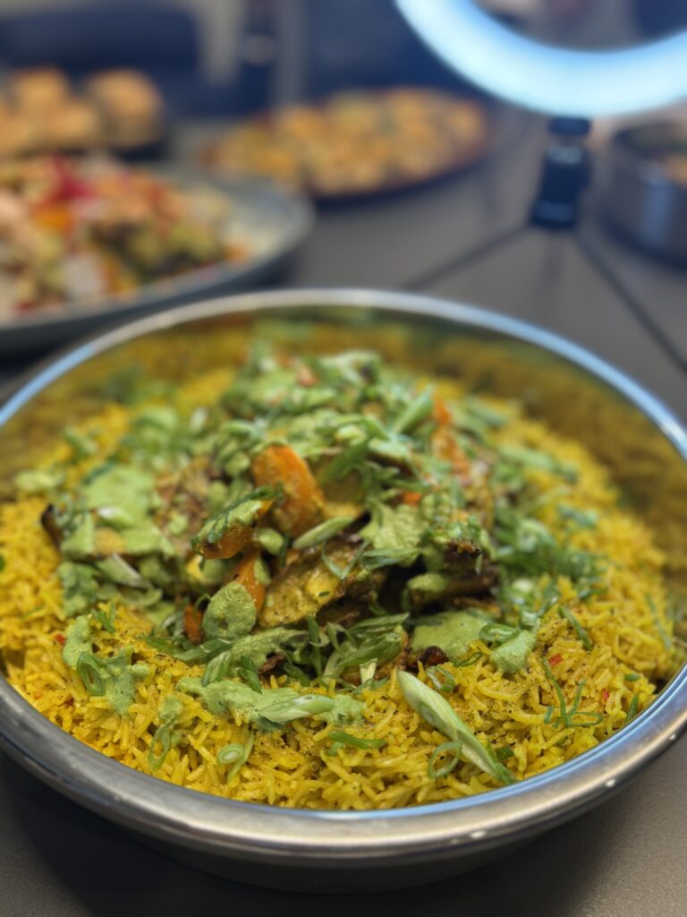 Sunchoke and carrot biryani with herbs and a cilantro-mint chutney by  Convene One Boston Place chef. 
