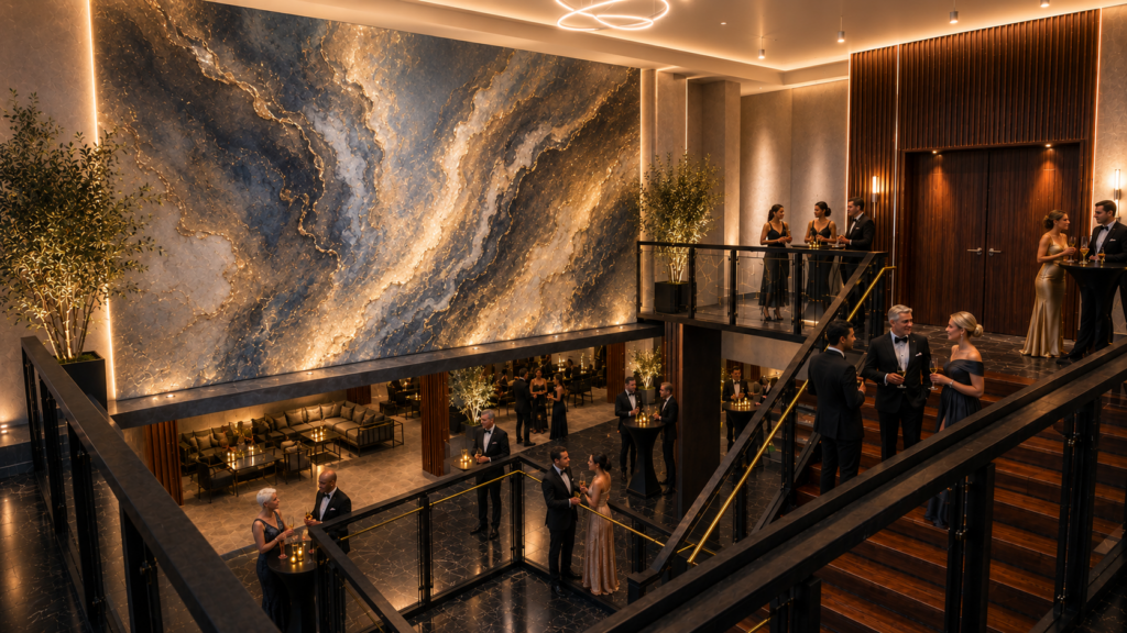 Interior stairway of Convene Rathbone with peoplel dressed for a gala. 