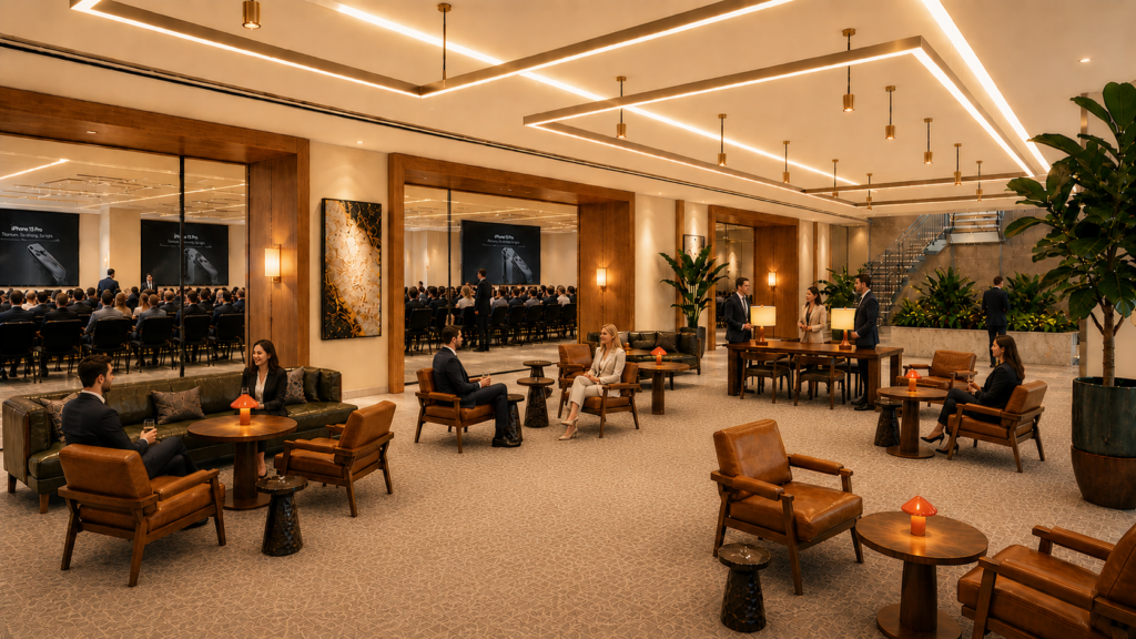 Interior Convene Rathbone looking into conference space with theatre seating and digital displays. 